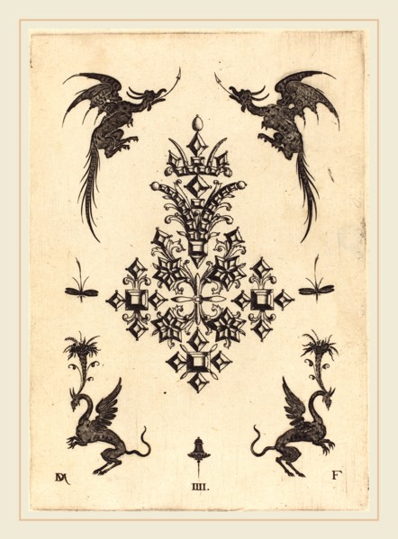 Daniel Mignot (German, active 1593-1596), Brooch with Table-Stones, Winged Dragons at Top, and