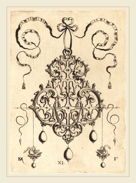 Daniel Mignot (German, active 1593-1596), Strapwork Pendant with Two Swans as Earrings at Left and