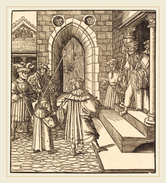 Leonhard Beck (German, c. 1480-1542), Three Men and a Boy in the Court of a Castle, to the Right