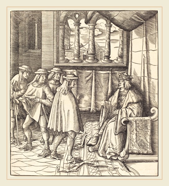 Leonhard Beck (German, c. 1480-1542), A King on a Throne, before him Four Men, 1514-1516, woodcut