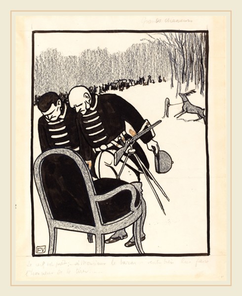 Félix Vallotton, Grands Chasseurs--Le Cerf est prÃªt, Swiss, 1865-1925, 1903, black crayon and