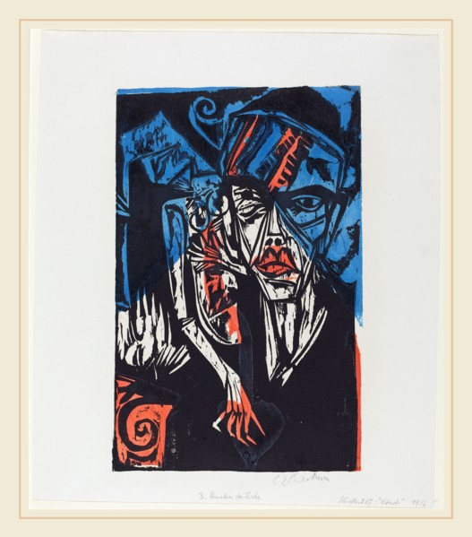 Ernst Ludwig Kirchner, Qualen der Liebe, German, 1880-1938, 1915, color woodcut from two blocks on