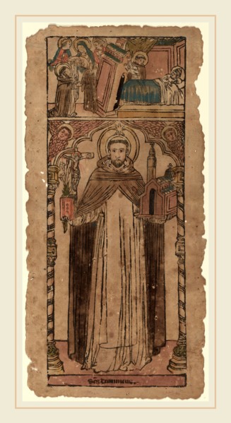 Italian 15th Century, Saint Dominic, c. 1450, woodcut, hand-colored in brown, vermilion, orange,