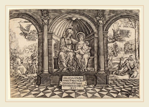 Master NA.DAT with the Mousetrap (Italian, active c. 1512), Virgin and Child Enthroned with Saint