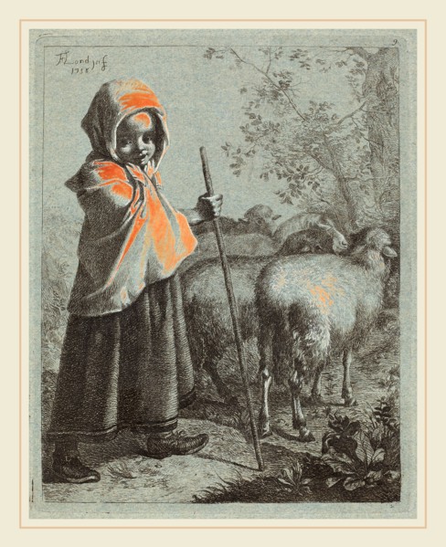 Francesco Londonio (Italian, 1723-1783), Child Shepherdess with Flock, 1758, etching heightened