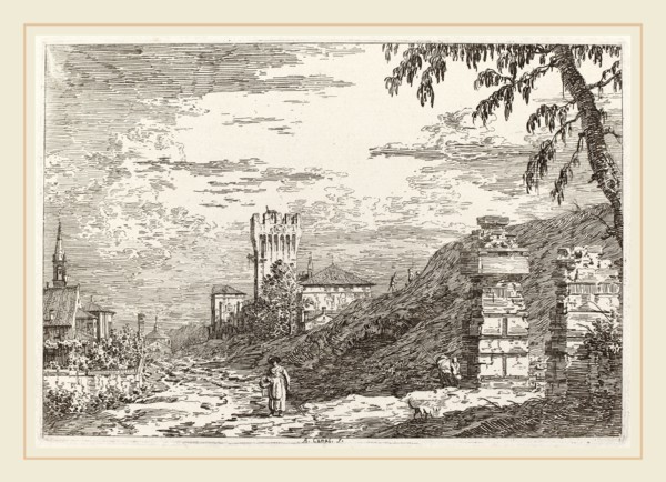 Canaletto (Italian, 1697-1768), Landscape with Tower and Two Ruined Pillars [left], c. 1735-1746,