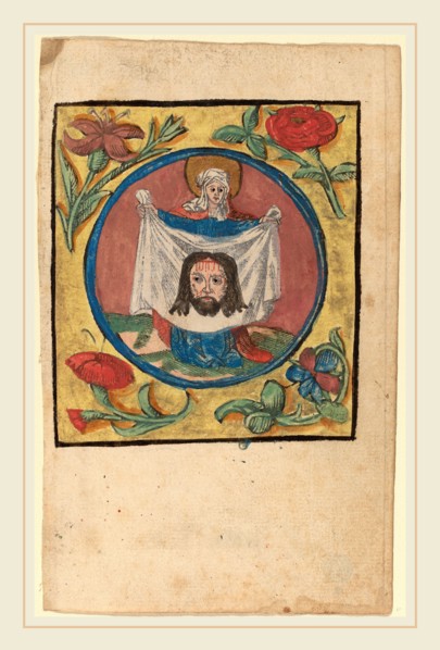 Netherlandish 15th Century, Saint Veronica with the Sudarium, c. 1500, woodcut, hand-colored in