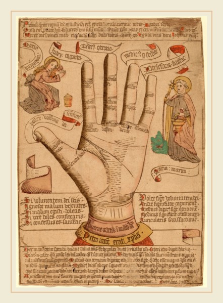 Netherlandish 15th Century, The Hand as the Mirror of Salvation, 1466, woodcut, hand-colored in