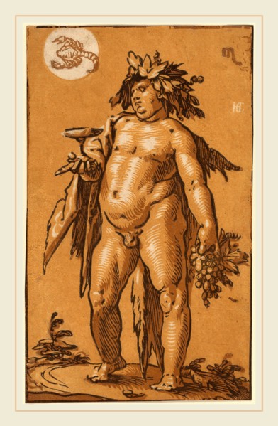 Hendrik Goltzius (Dutch, 1558-1617), Bacchus, c. 1595, chiaroscuro woodcut in gold and two shades