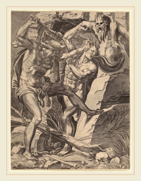 Dirck Volckertz Coornhert (Netherlandish, 1522-1590), Hercules Killing Cacus, 1554, counterproof of