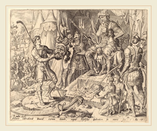after Maerten van Heemskerck, David with Goliath's Head before Saul, c.1556, engraving