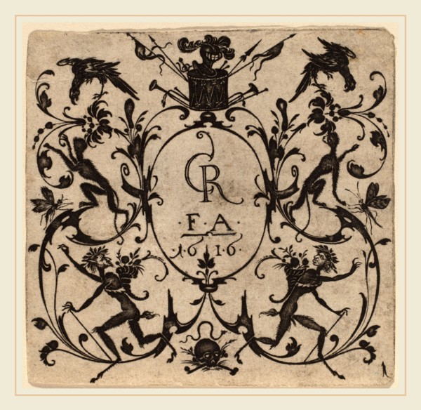 Master CR (Netherlandish, active c. 1616), Ornament with Grotesque, 1616, engraving