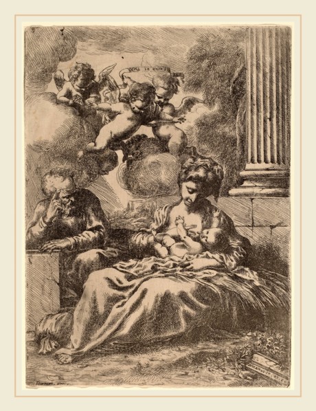 Bartolomeo Biscaino (Italian, 1632-1657), The Holy Family by a Column, etching