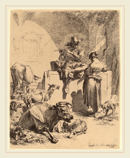 Nicolaes Pietersz Berchem (Dutch, 1620-1683), The Shepherd Seated on a Fountain and the Spinner,