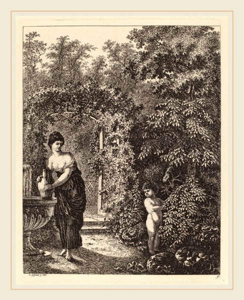 Salomon Gessner, Putto Visiting a Girl at a Fountain, Swiss, 1730-1788, 1771, etching on laid paper