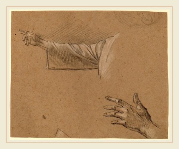 Benjamin West, Study of a Right Arm and a Left Hand, American, 1738-1820, black chalk heightened