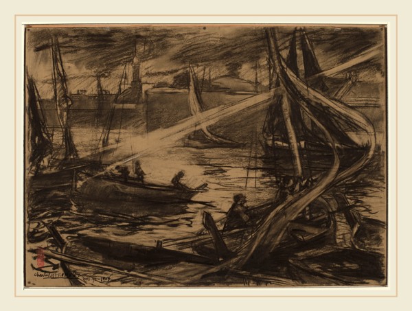 Charles Fromuth, The Storm, American, 1858-1937, 1908, charcoal heightened with white on tan wove