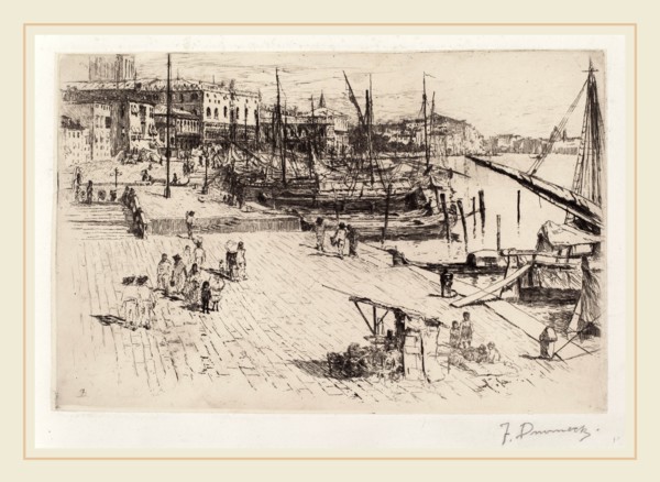 Frank Duveneck, Riva degli Schiavoni (2), American, 1848-1919, c. 1880, drypoint on chine applique