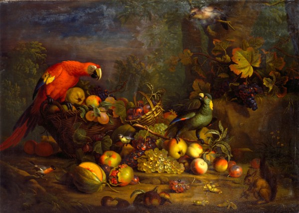Parrots and Fruit with Other Birds and a Squirrel Signed, lower right: "T. Stranover", Tobias