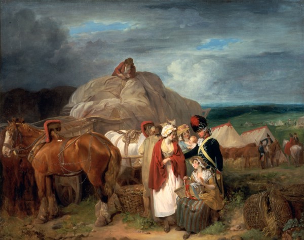 Soldier with Country Women Selling Ribbons, near a Military Camp A Scene at a Camp with a Soldier