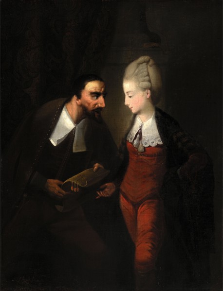 Portia and Shylock, from Shakespeare's "The Merchant of Venice", IV, i Signed in ocher-color paint,