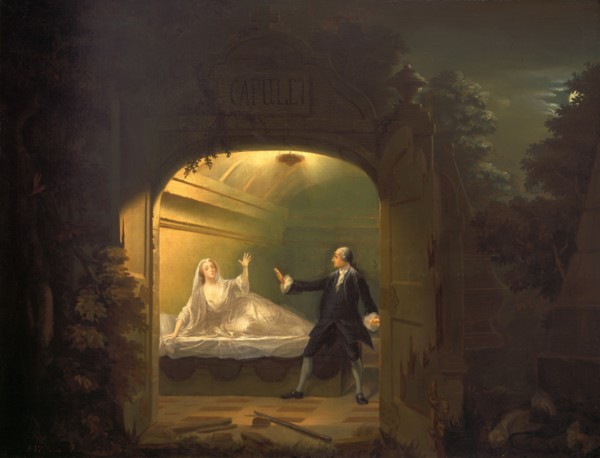 David Garrick and George Anne Bellamy in "Romeo and Juliet", Act V, Scene iii Signed and dated,