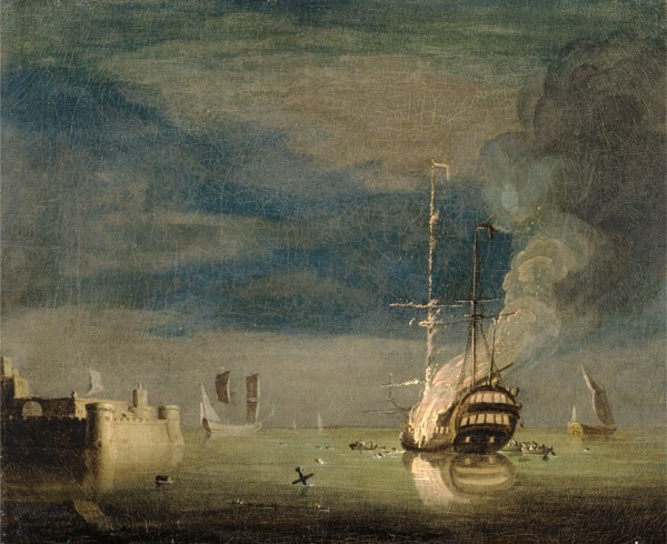 A Two-Decker on Fire at Night off a Fort Inscribed, lower left: "Aged 17 Years" Signed, lower left: