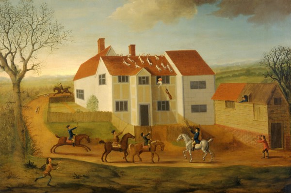 John Sidey and his Hounds at a Farmhouse near Hadleigh, Suffolk Signed and dated in green paint,