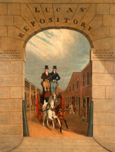 Schooling a Pair in a Brake at Lucas's Yard, Clerkenwell Signed and dated, lower left: "J Pollard