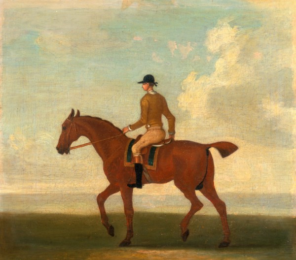One of Four Portraits of Horses - a Chestnut Racehorse with Jockey Up: walking to the left; jockey