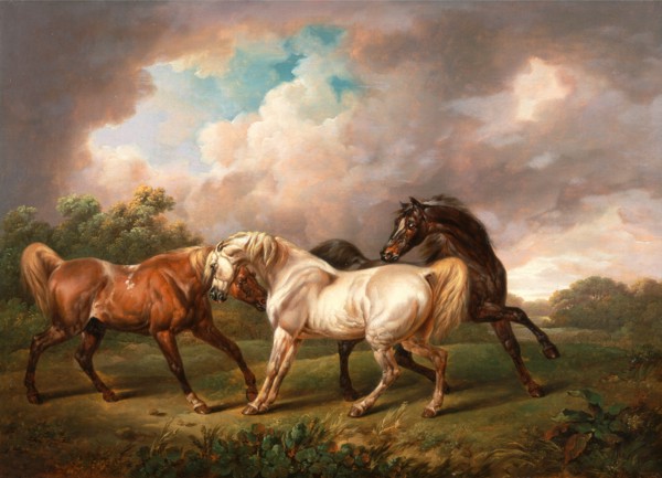 Three Horses in a Stormy Landscape Two Stallions and a Mare in a Stormy Landscape Signed and dated,