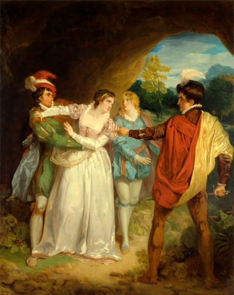 Valentine rescuing Silvia from Proteus, from Shakespeare's "The Two Gentlemen of Verona," Act V,