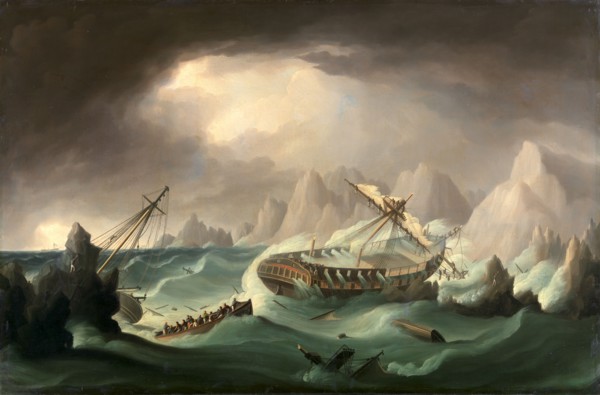 Shipwreck off a Rocky Coast Signed in ochre-colored paint, lower left: "J Buttersworth", Thomas