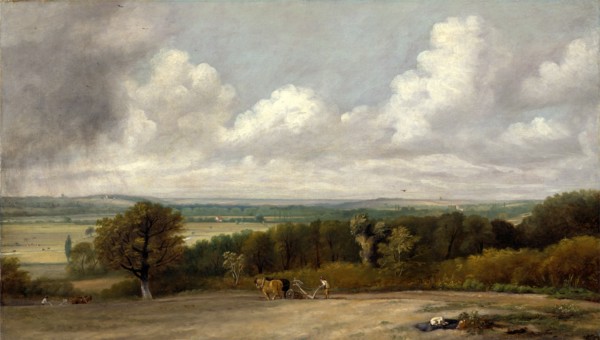 Ploughing Scene in Suffolk A Summerland Dedham Vale with Ploughmen A view looking across a valley,