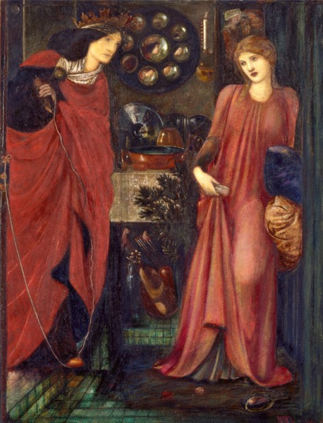 Fair Rosamund and Queen Eleanor Signed and dated, in red paint, lower right: "EBJ | 1861" (initials