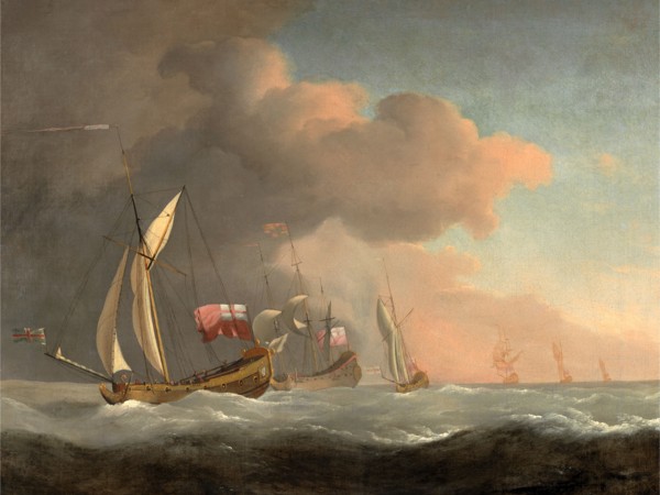 English Royal Yachts at Sea in a Strong Breeze, in Company with a Ship Flying the Royal Standard,