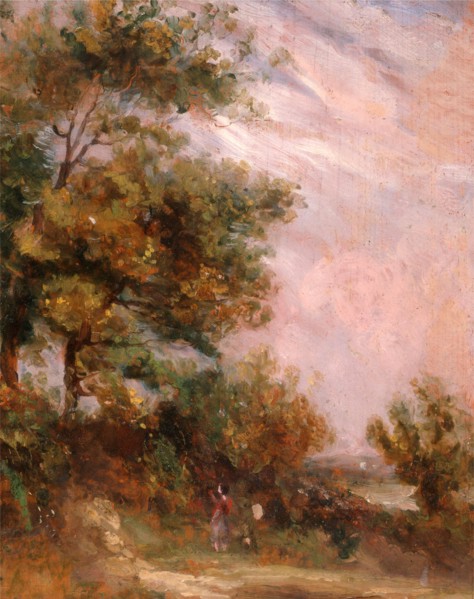 Landscape with Trees and a Figure Verso: Cottages in a Landscape, Thomas Churchyard, 1798-1865,