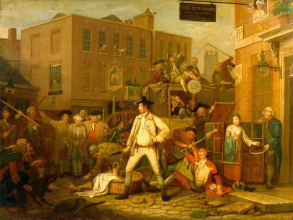 Scene in a London Street The Bath Fly Signed and dated in black paint, lower right: "J. Collet pinx