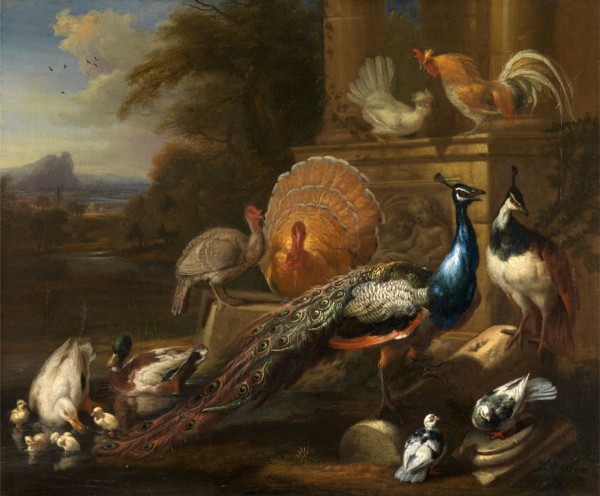 Peacocks, Doves, Turkeys, Chickens and Ducks by a Classical Ruin Signed, lower center: "M. Cra[?]",