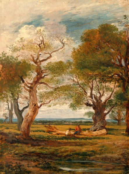 Landscape with Figures Forest Scene with Bark Renders Signed and dated, lower right: "J.L | 1816",