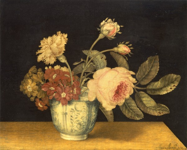 Flowers in a Delft Jar Signed in black paint, lower right: "Alex: Marshal ~", Alexander Marshal,