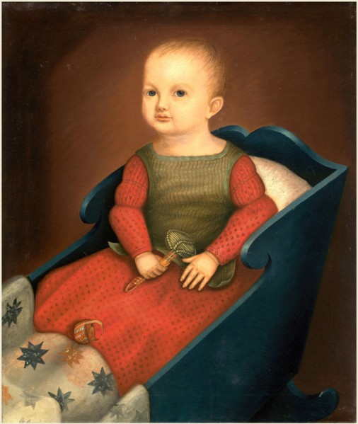 American 19th Century, Baby in Blue Cradle, c. 1840, oil on canvas