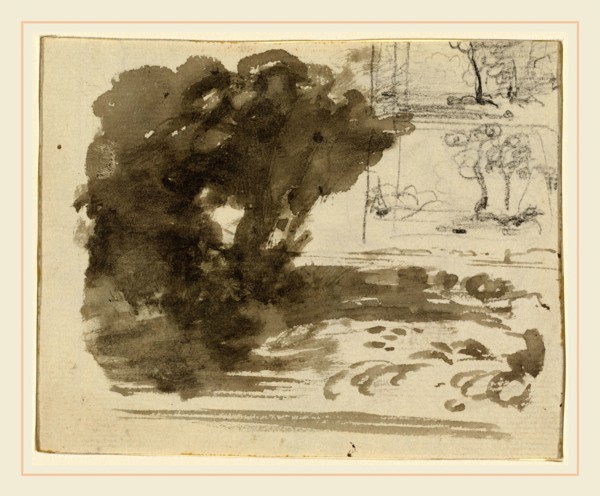 John Varley, A Stand of Trees [recto], British, 1778-1842, brush and brown-gray wash with graphite