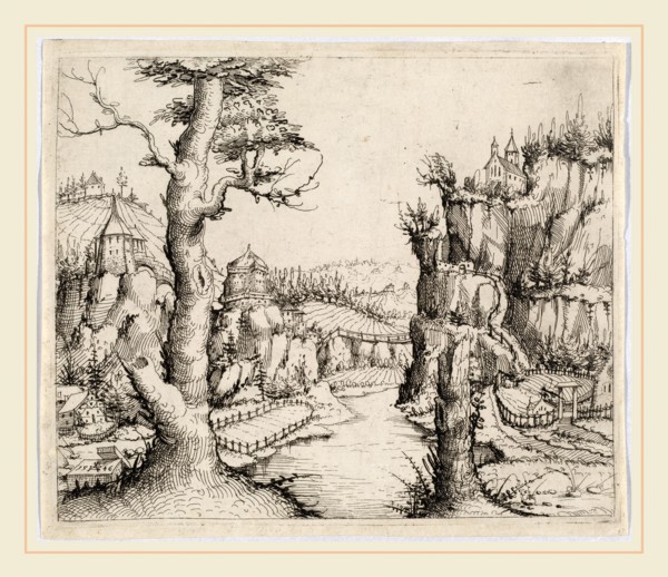 Augustin Hirschvogel, German (1503-1553), River Landscape with High Cliffs, 1546, etching on laid