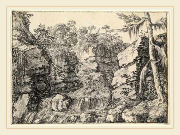 Jonas Umbach, A Waterfall between Rocky Cliffs, German, c. 1624-1693, black chalk on a ledger paper