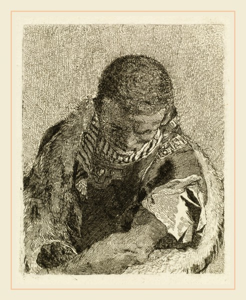 Giovanni Domenico Tiepolo, Italian (1727-1804), Head of a Moor Bending Forward, 1770, etching on