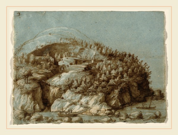 Gherardo Cibo, Italian (1512-1600), Hilly Landscape with Ships, pen and brown ink with brown wash,