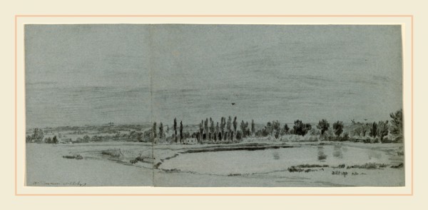 William Turner of Oxford, Extensive Landscape with a Pond, British, 1789-1862, charcoal with