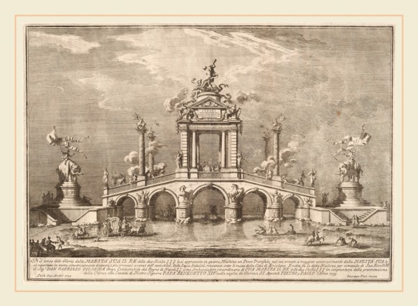 Giuseppe Vasi after Paolo Posi (architect), A Triumphal Bridge Adorned with Relics of the City of