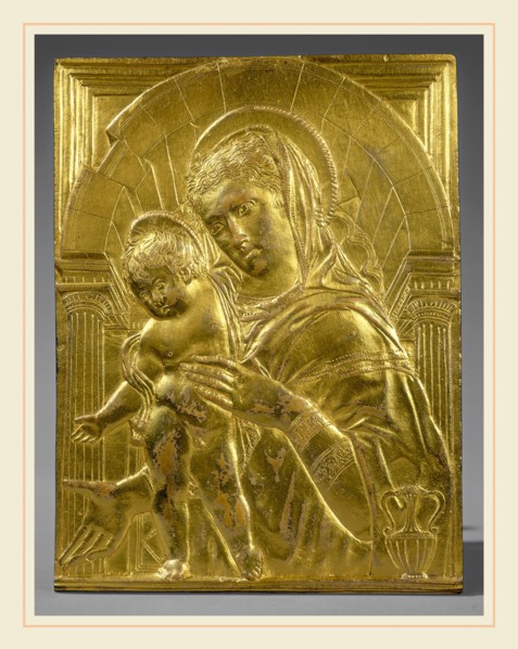 Follower of Donatello, Madonna and Child within an Arch, mid 15th century, gilt bronze